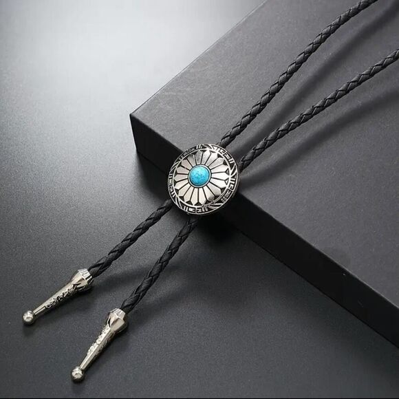 Turquoise Stone Small Round Concho Bolo Tie Mens Casual Western Cowboy Accessory - Picture 4 of 6
